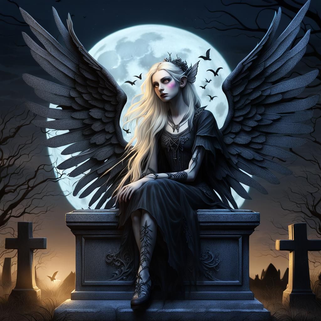 Gothic Fairy on Grave Under Moonlight: Digital Art
