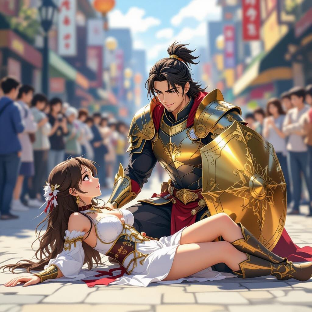 Anime Hero Saves Woman in Crowded Square