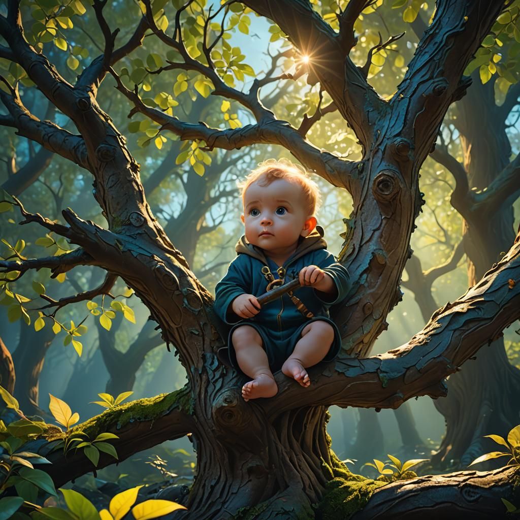 Enchanting Baby on Tree Branch: Fantasy Concept Art