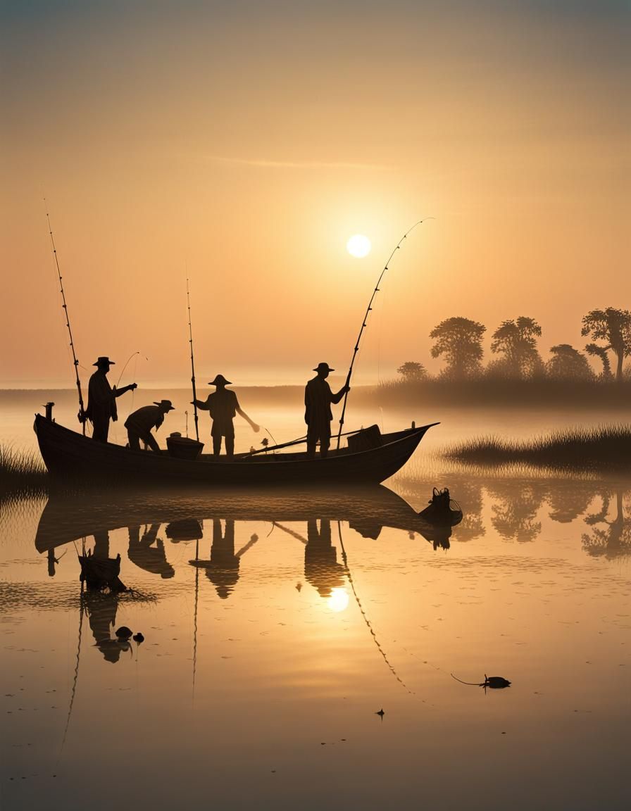 Ethereal Dawn Fishing Scene with Silhouettes
