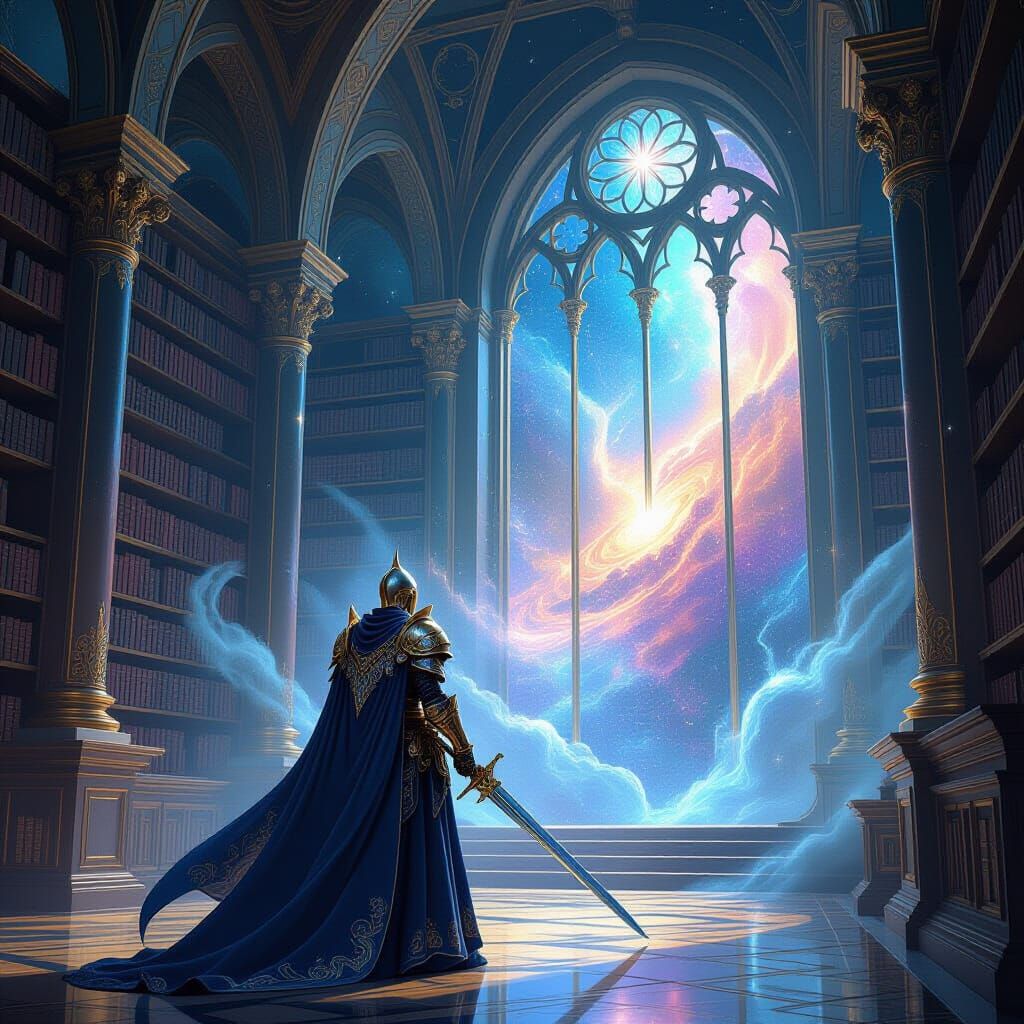 Knight Guards Ancient Tome in Cosmic Library