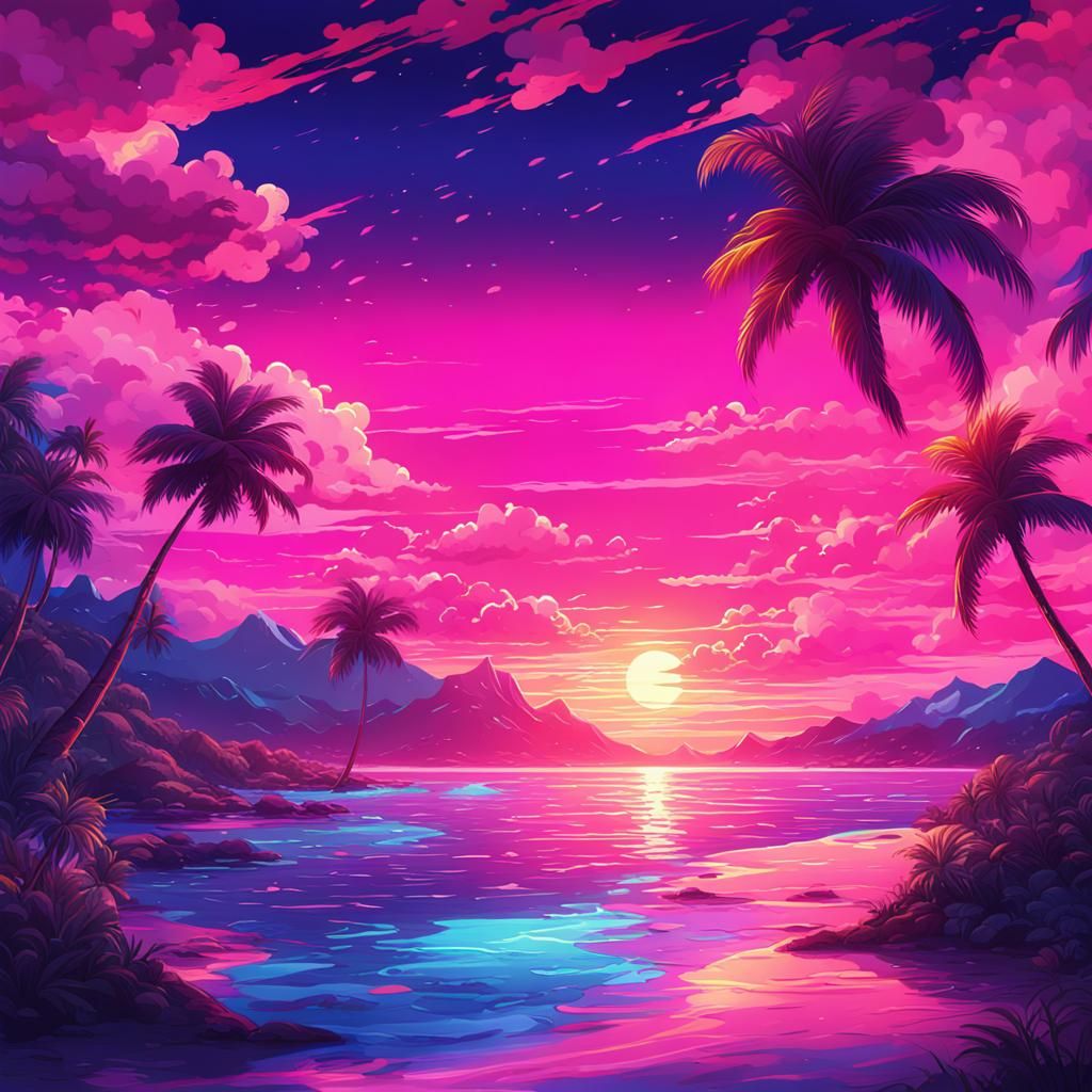 Vibrant Neon Ocean Sunset in Anime Style