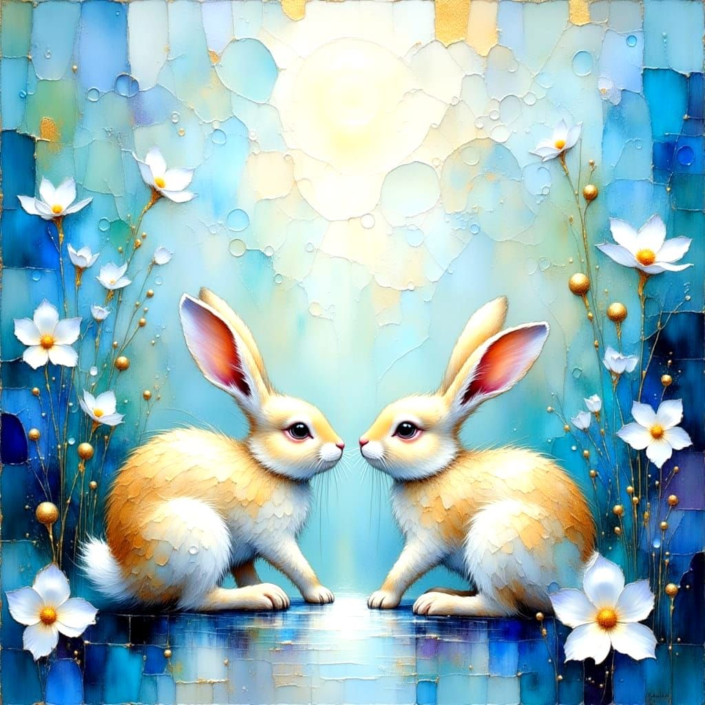 Surreal Bunnies Dance in Vibrant, Crinkled Metallics