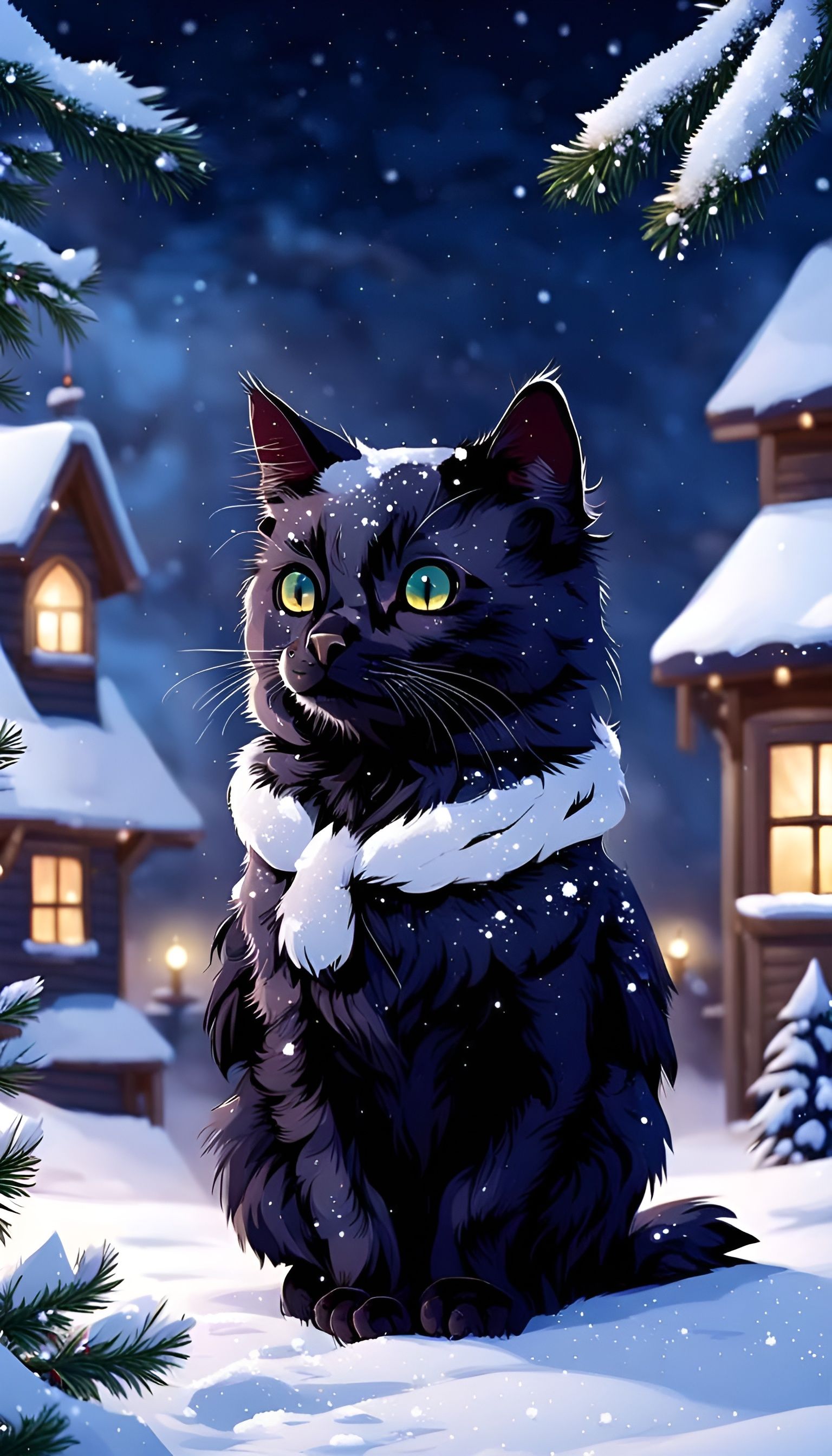 Cute Raven Cat in Snowy Christmas Night