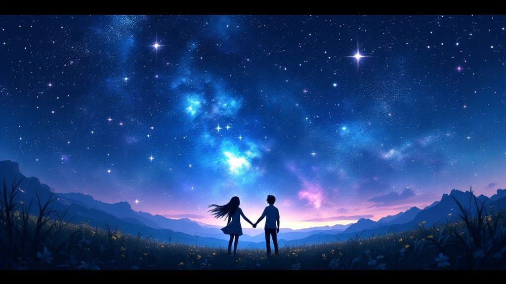 Young Lovers Gaze Up at Starry Galaxy in a Vibrant Anime Sce...
