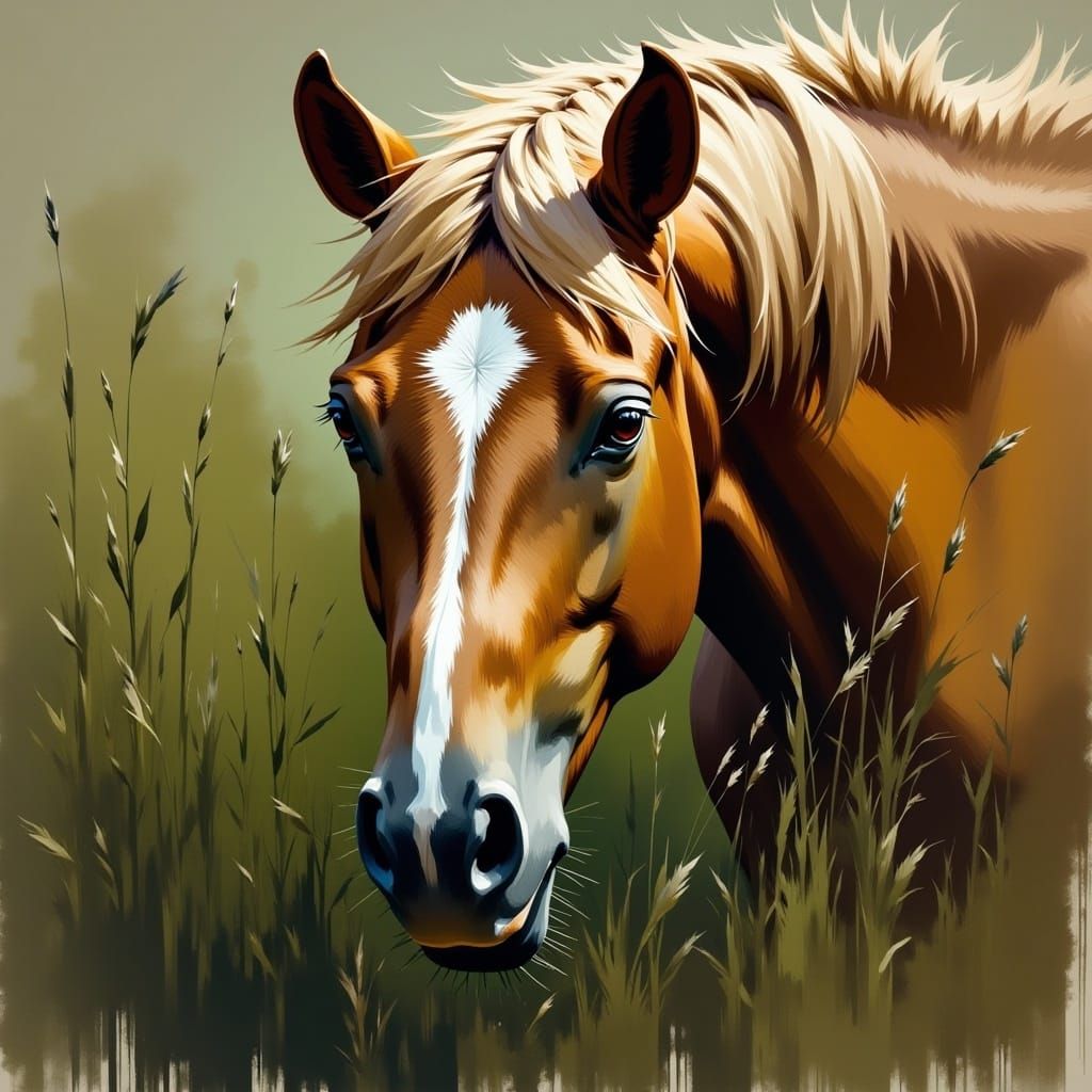 Ink Sketch of a Gold Horse Hiding in Grass