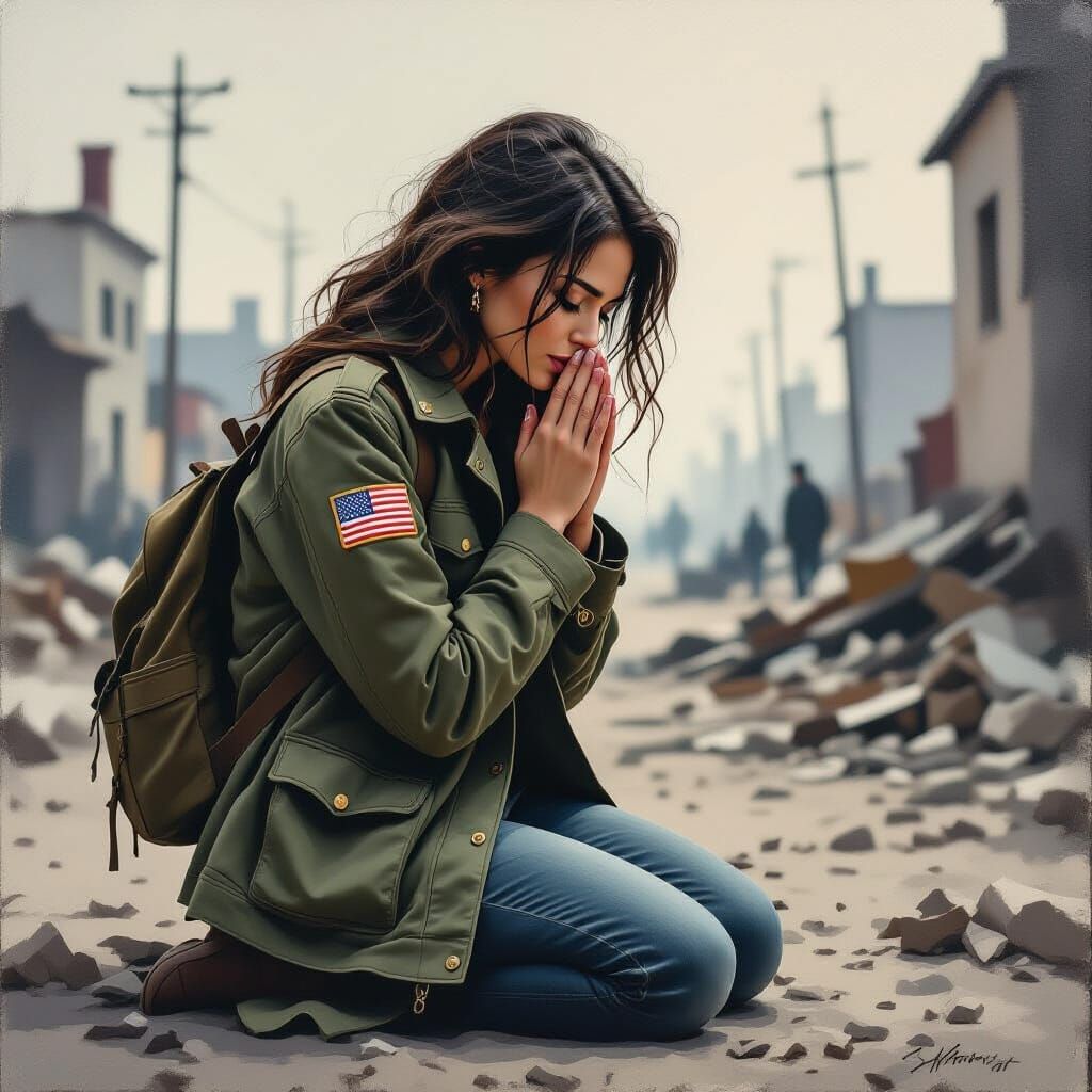Woman in Olive Green Army Jacket Prays in War Torn Setting