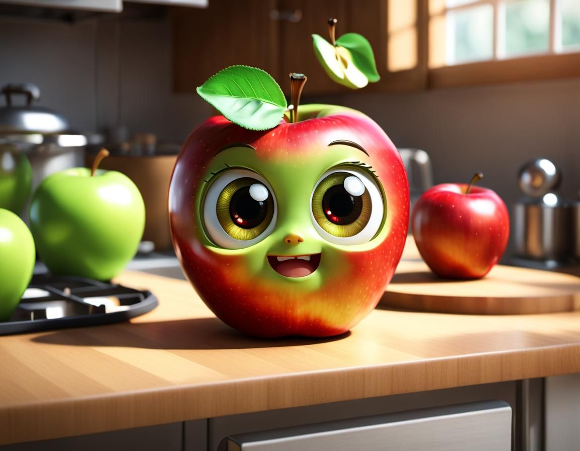 Hyperrealistic Chibi Apple Character in Kitchen