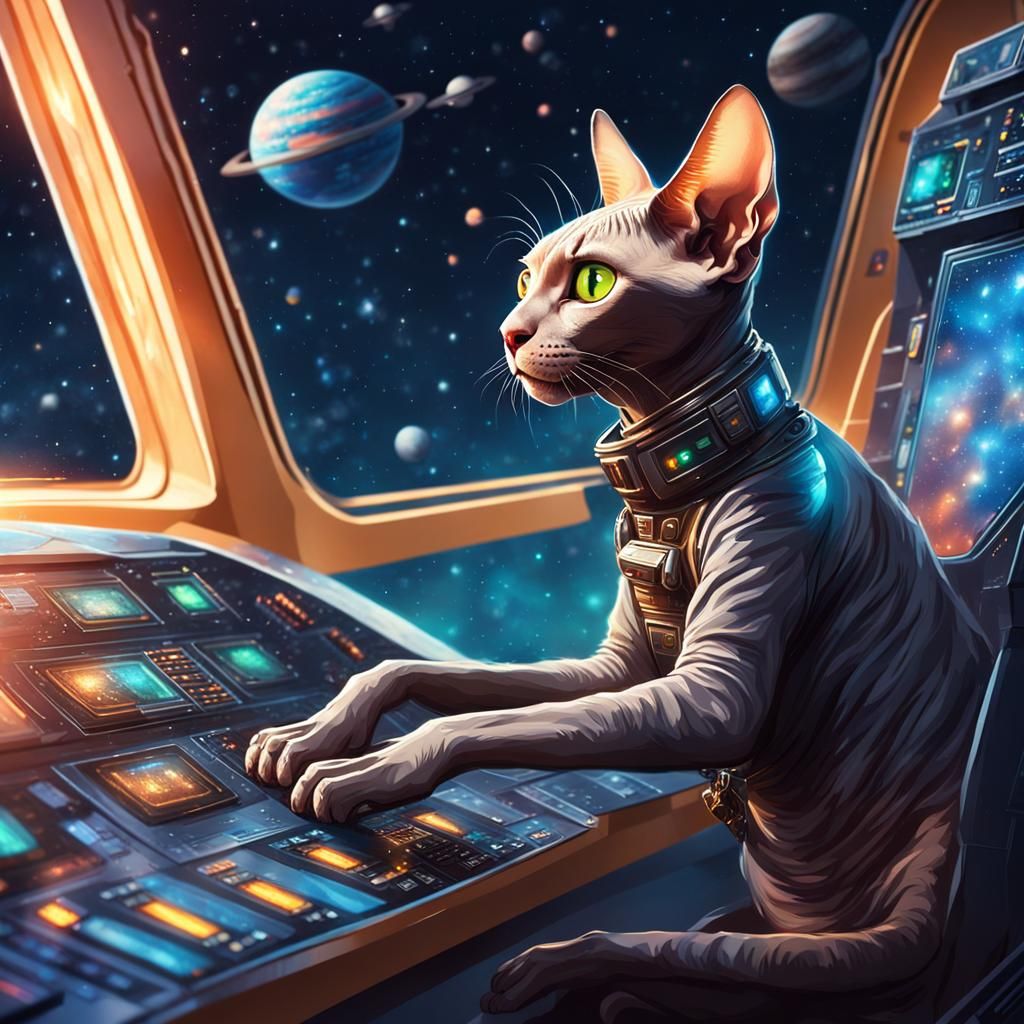 Sphinx Cat in Spaceship: Hyperrealistic Splash Art