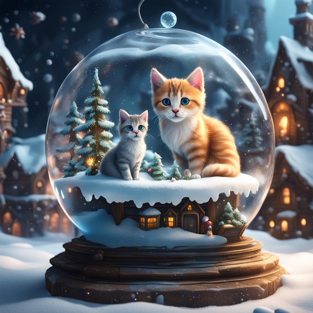 Kitten in Snow Village Terrarium: Fantasy Concept Art
