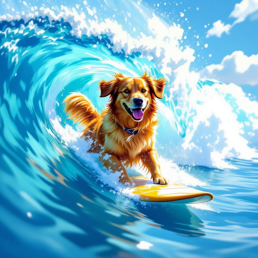 Golden Retriever Surfing Dynamic Ocean Wave