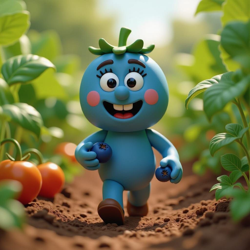 Claymation Blueberry Character in Vibrant Garden