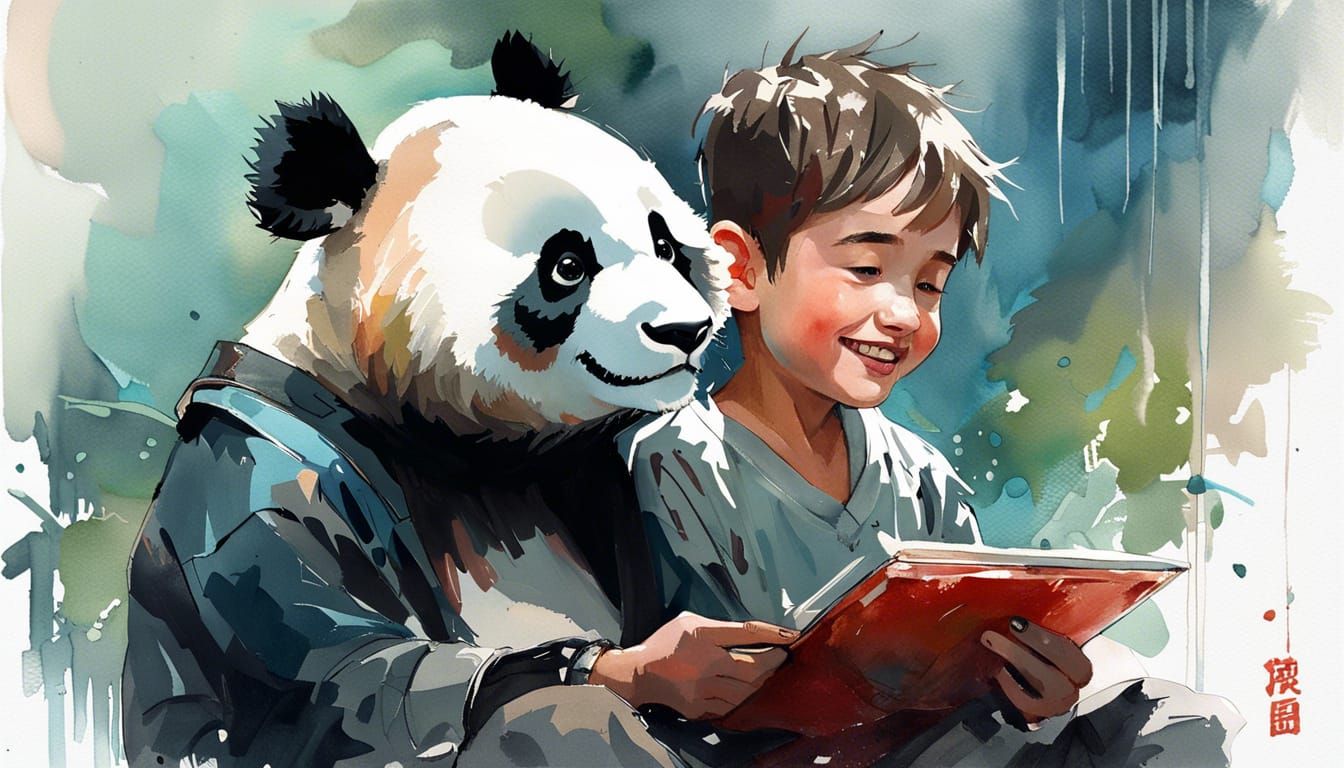 Boy and Panda Chat in Gouache Watercolour