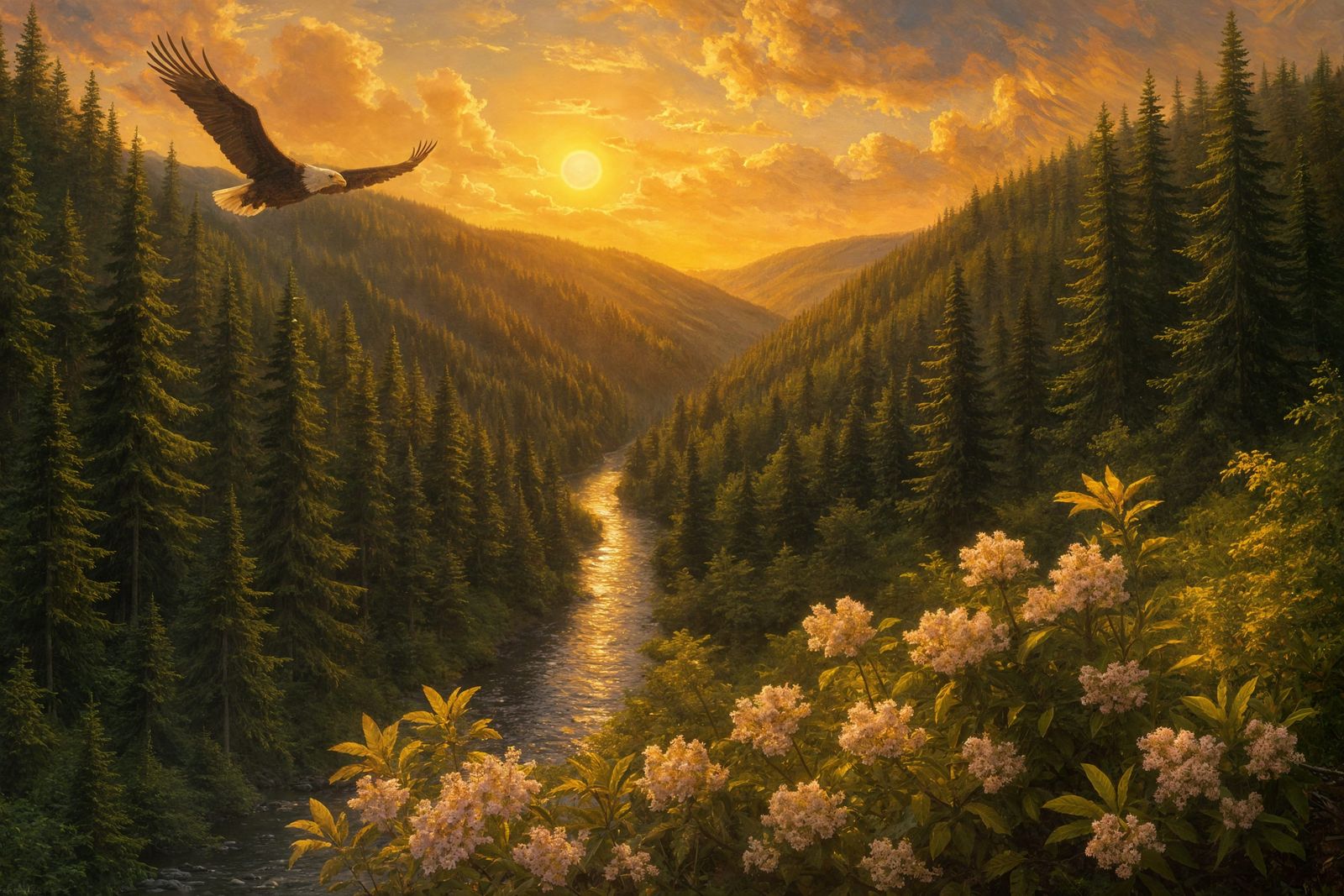 Golden Hour Oil Painting: Eagle Over Mountain River