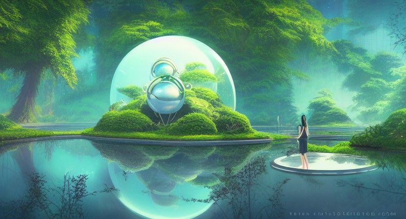 Alien Greenhouse Over Mercury River in Synthwave Style