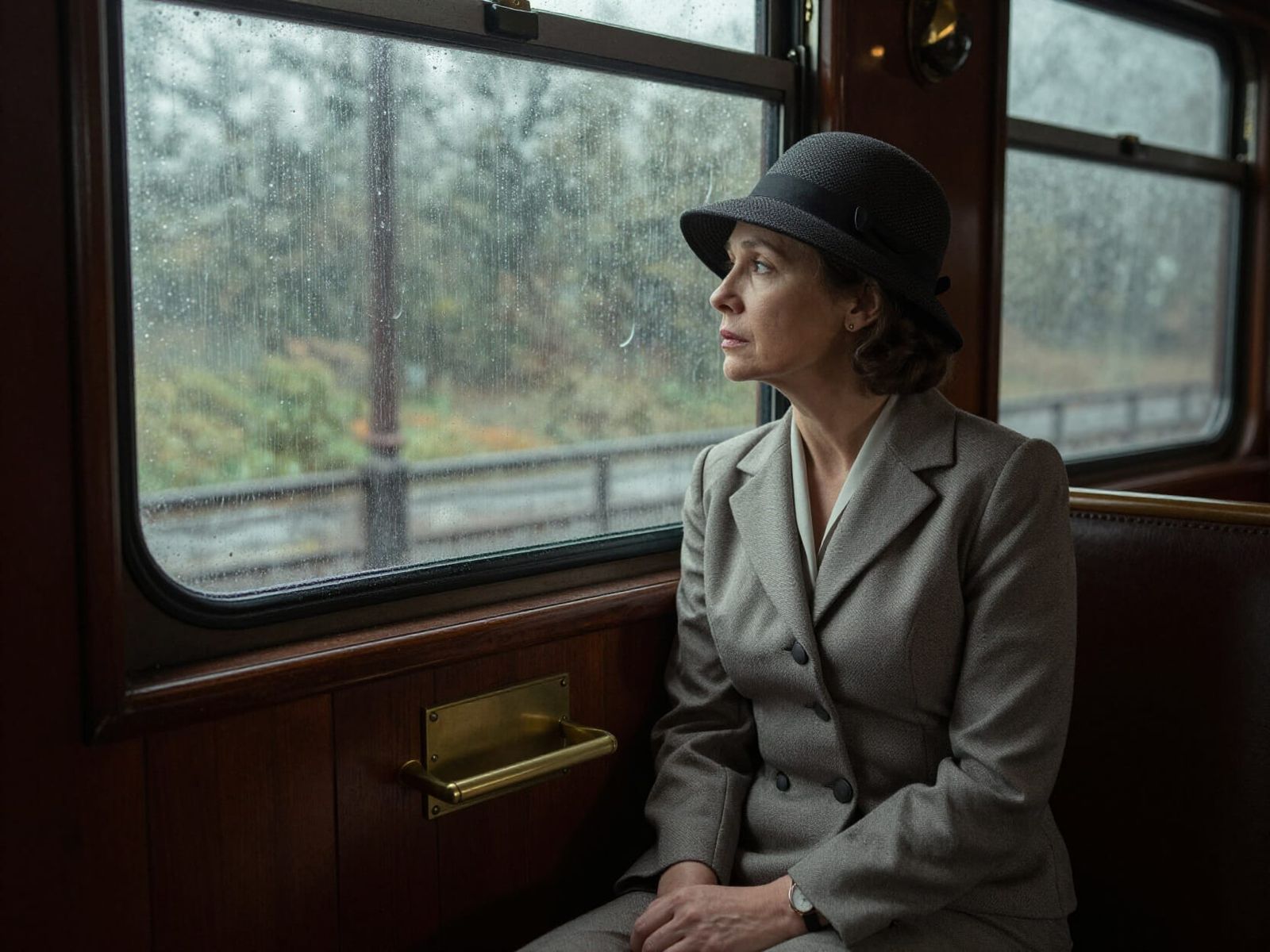 Melancholic Woman on Vintage Train in Rain