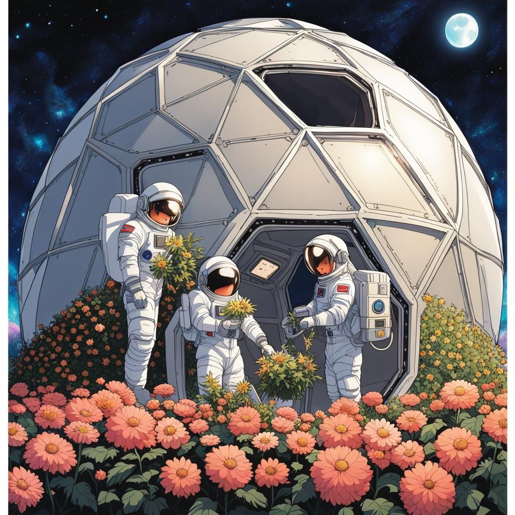 Astronauts Tend Lunar Flowers in Anime Style