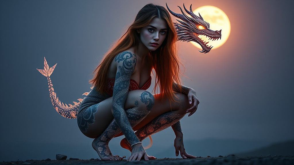 Mystical Woman with Dragon Tattoo in Hyper-Realistic Style