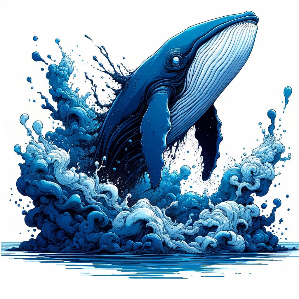 Majestic Ink Whale Breaching From Swirling Blue Sea