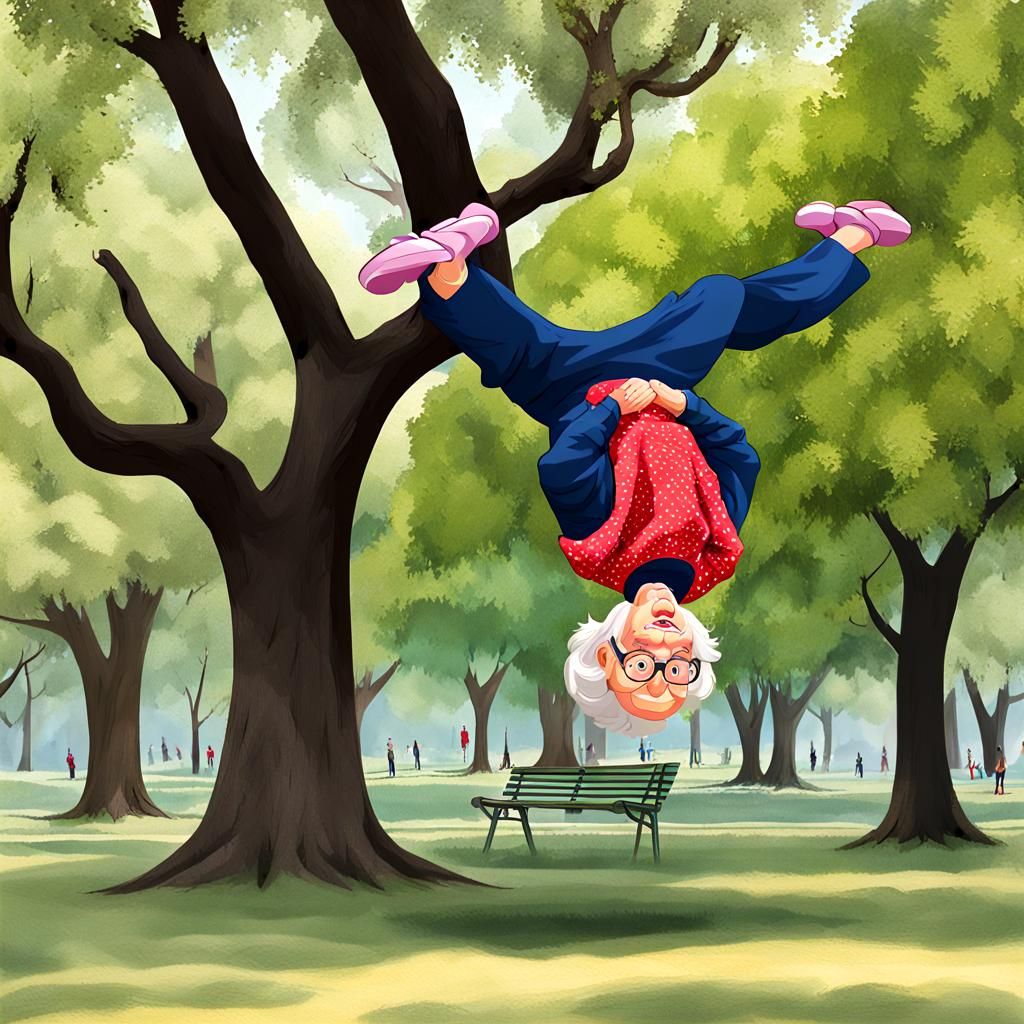 Granny Hanging Upside Down in Park Tree