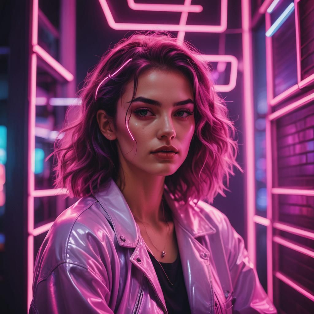 Young Woman in Synthwave Neon Retro