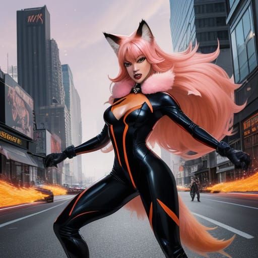 Anthro Fox Girl Battles Cat Girl in Comic Book Style