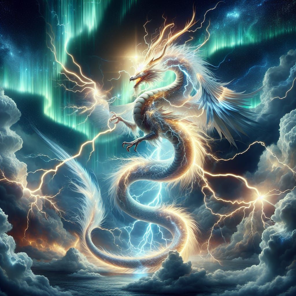 Radiant Storm Dragon Ascends into Ethereal Thunderclouds