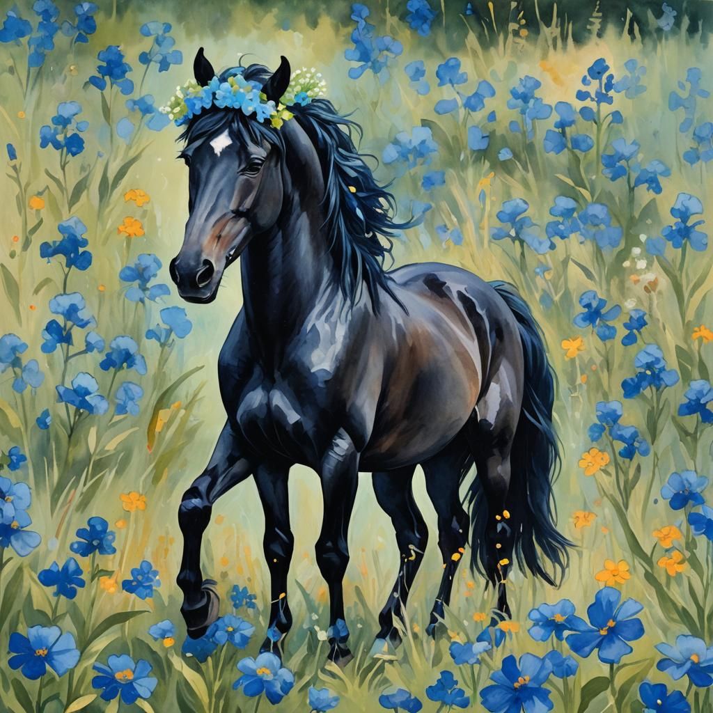 Black Horse with Flower Crown: Gouache Watercolor Style