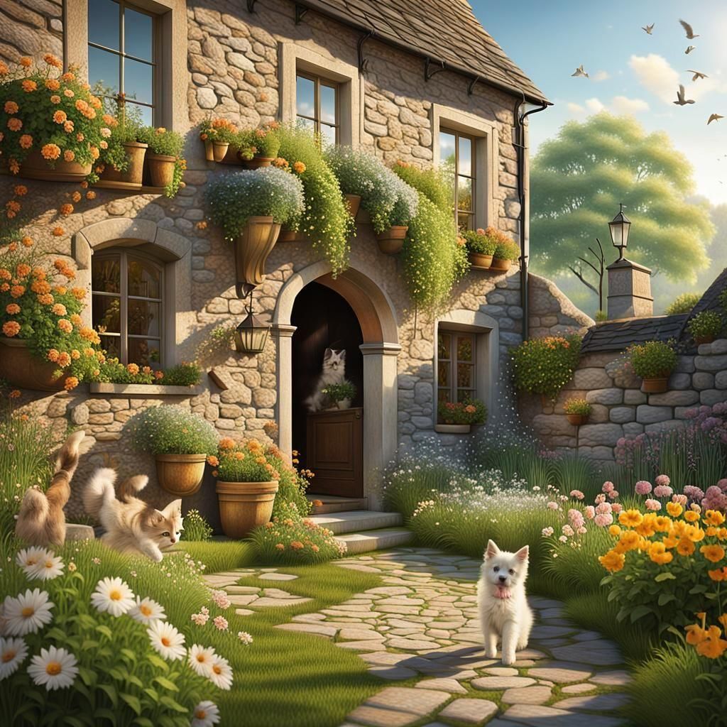 Hyperrealistic Village Courtyard with Animals and Flowers