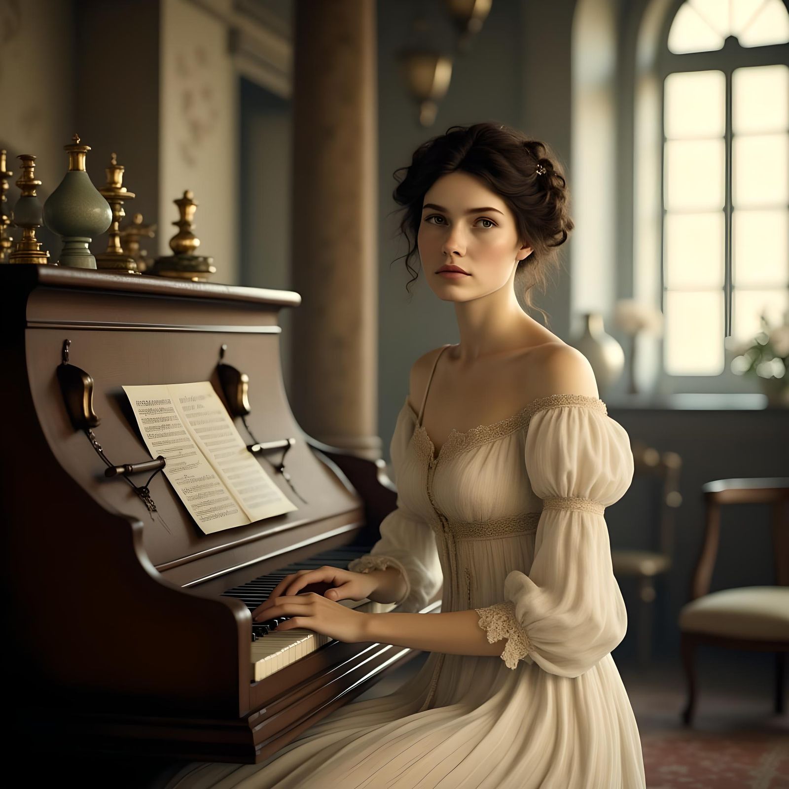 Regency Lady at Piano in Bright Music Room