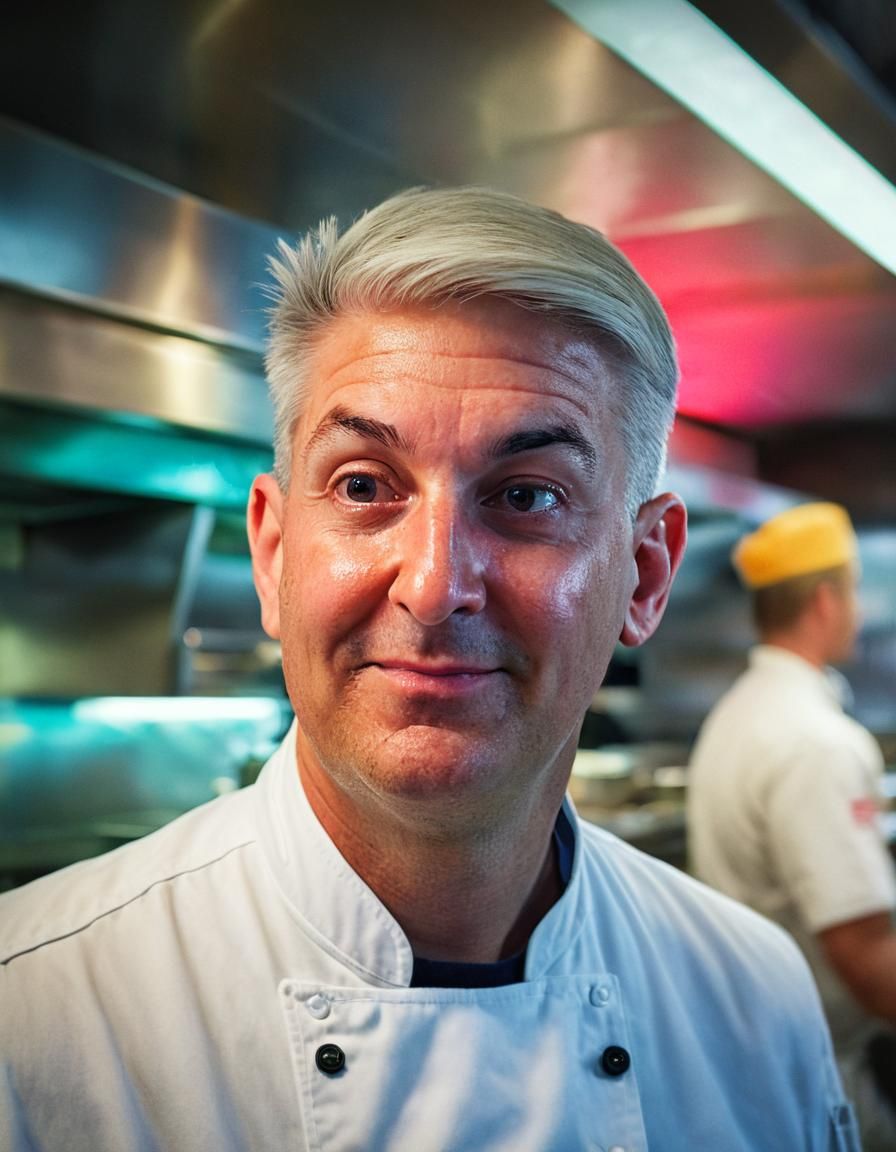 Chef Portrait in Busy Restaurant with Neon Lighting