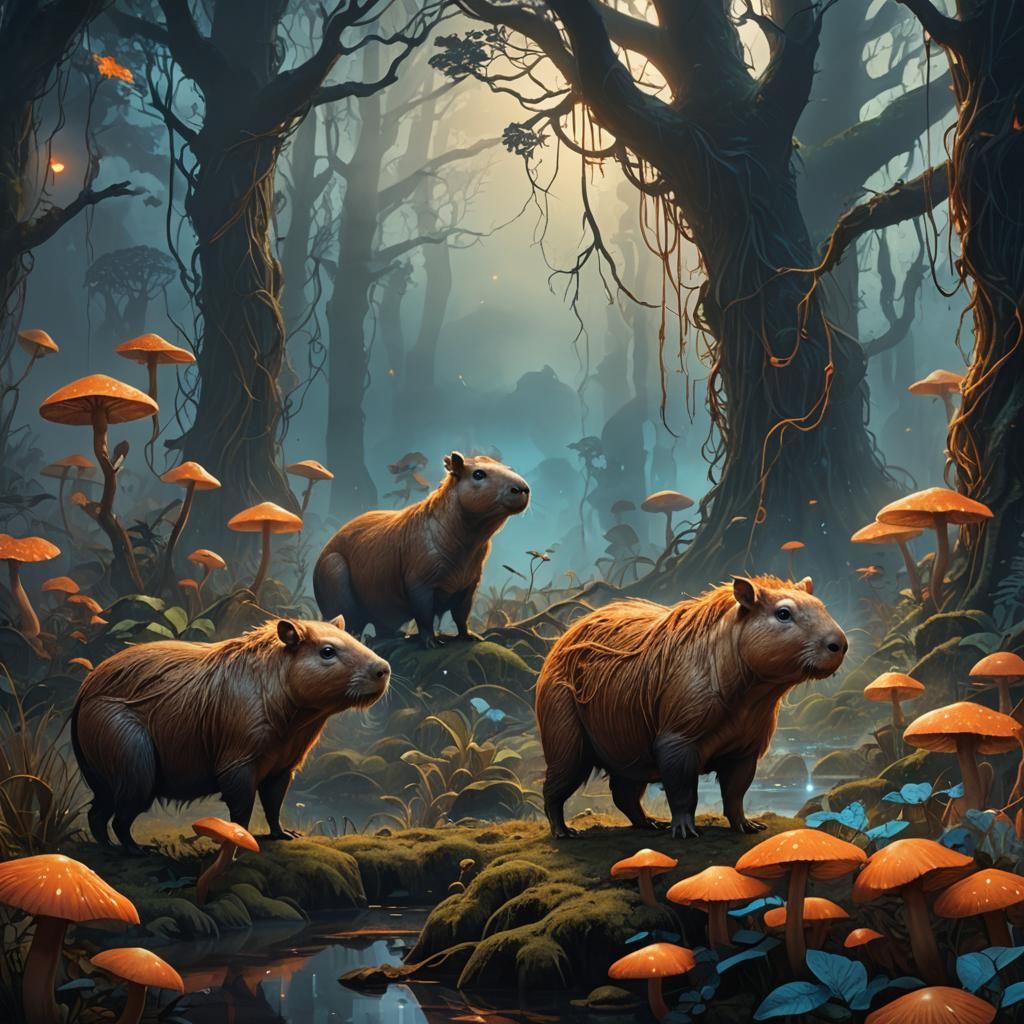 Mythic Capybara in Ancient Forest, Fantasy Art