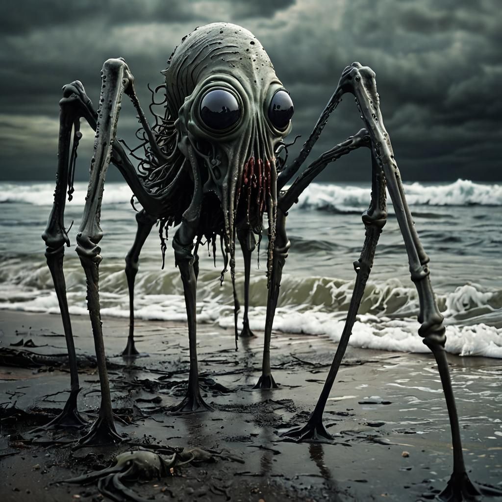 Grotesque Creature Crawls on Slimy Sea: Surreal Macro Shot