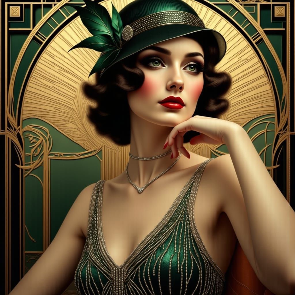 Introspective Flapper Woman in Art Deco Style
