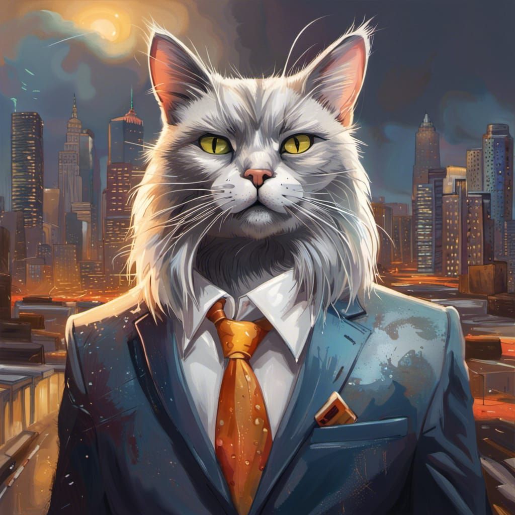 Silver Fur Anthro Cat in City, Hyperrealistic Art