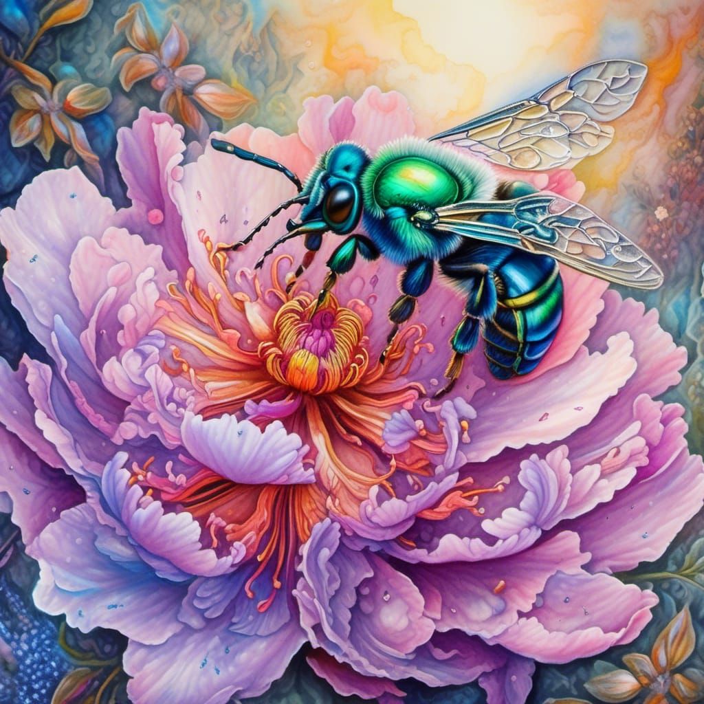 Orchid Bee on Peony Flower, Watercolor Ink