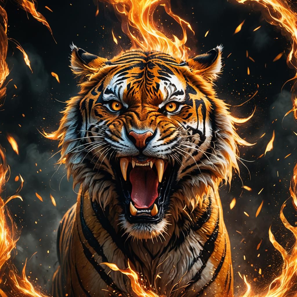 A dramatic image of a fierce tiger with flames engulfing its...