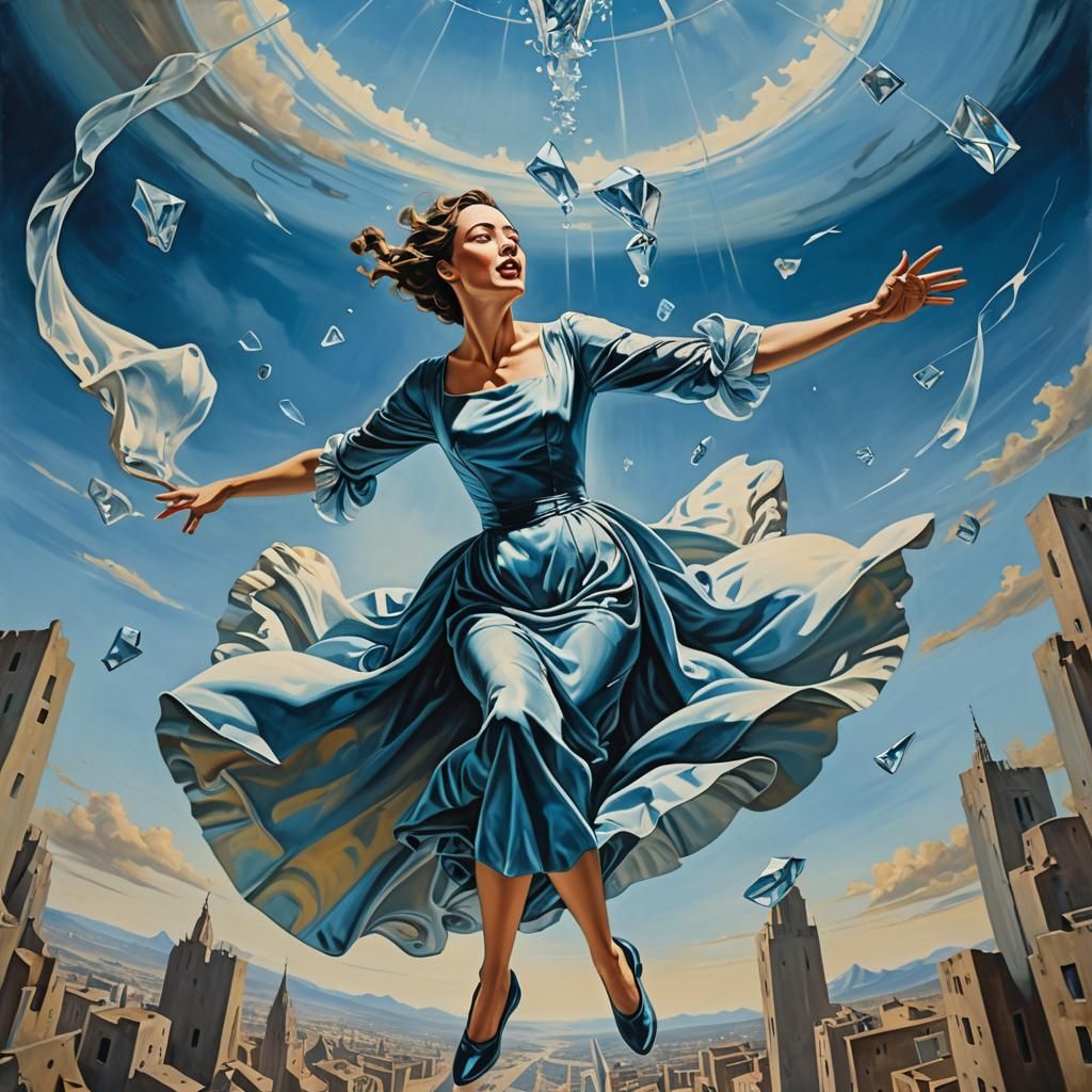 Woman Shattering Glass Ceiling in Surrealist Style