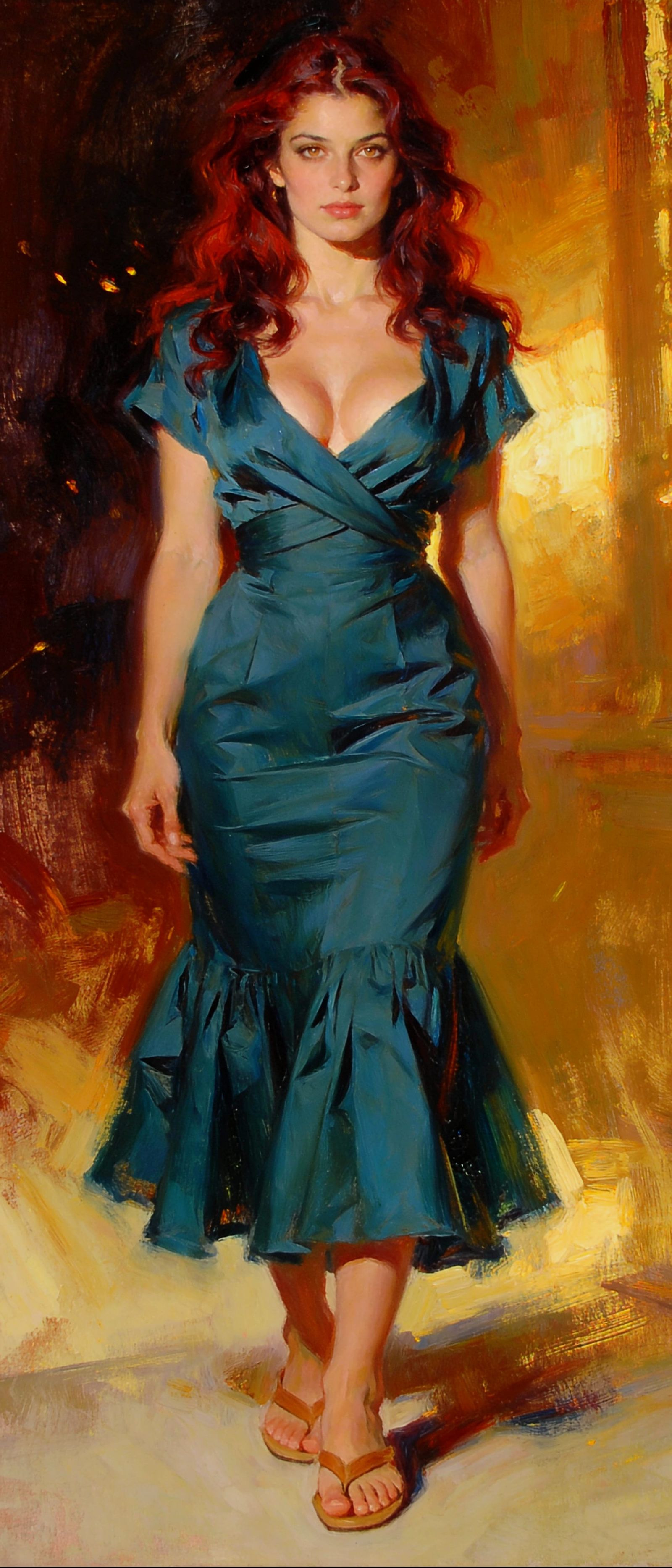 Elegant Woman in Teal Skirt as Oil Painting
