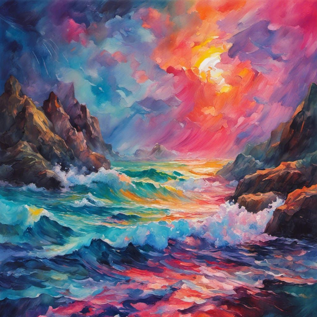 Neon Ocean Gouache Style Impressionist Masterpiece