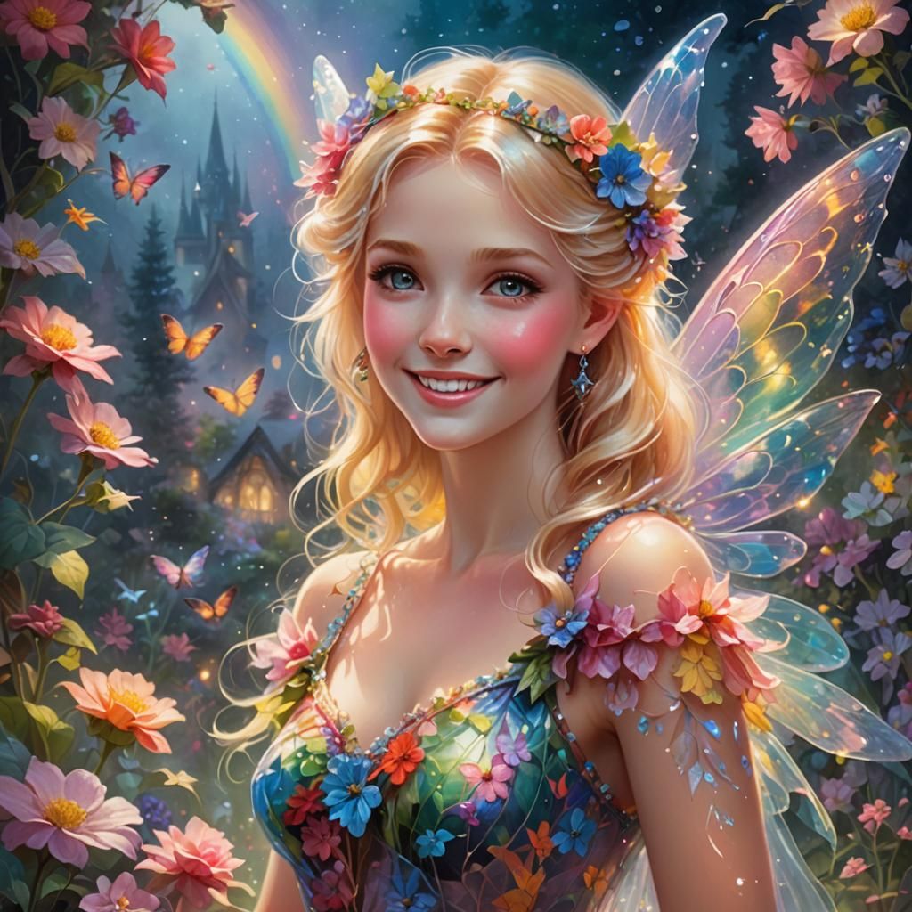 Smiling Fairy in Night Garden, Ethereal Fantasy