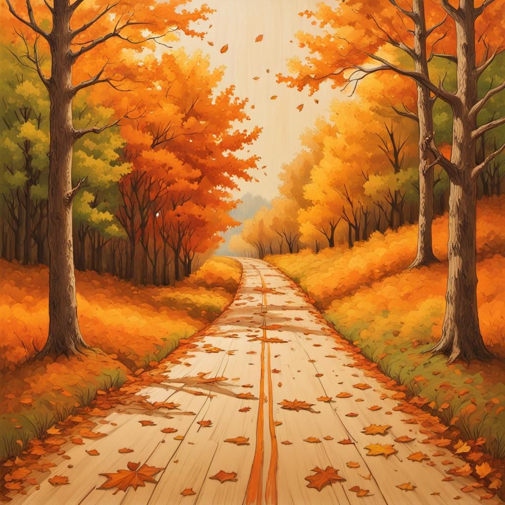 Autumn Road in Hyper-Realistic Pyrography Style