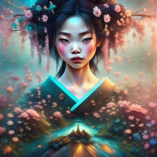 Elegant Geisha Adores Cherry Blossom in Dreamy Japanese Art