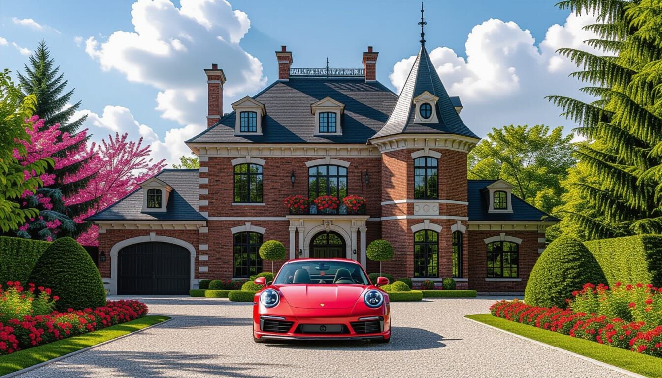 Elegant Victorian Chateau with Red Porsche 911