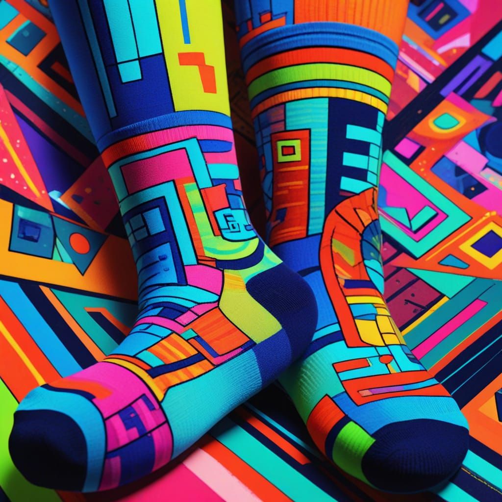 Cubist Socks with Geometric Designs in Neon Lighting