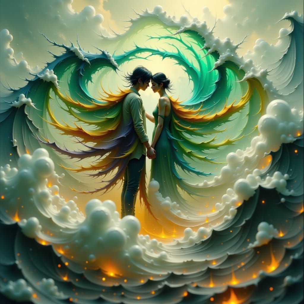 Couple Embracing in Elemental Vortex of Love