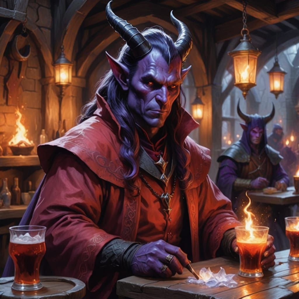 Tiefling Red Wizard at a Bustling Medieval Tavern