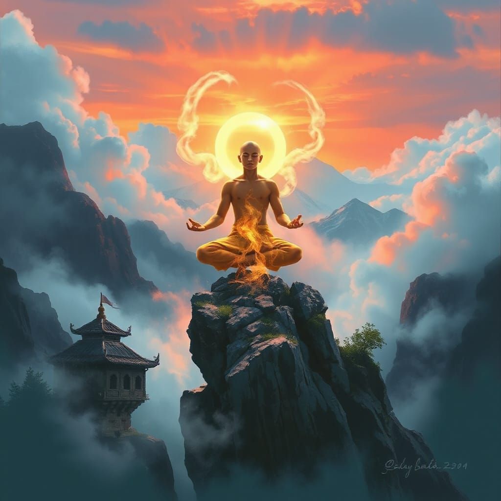 Serenely Floating Airbender Amidst Whirling Elements