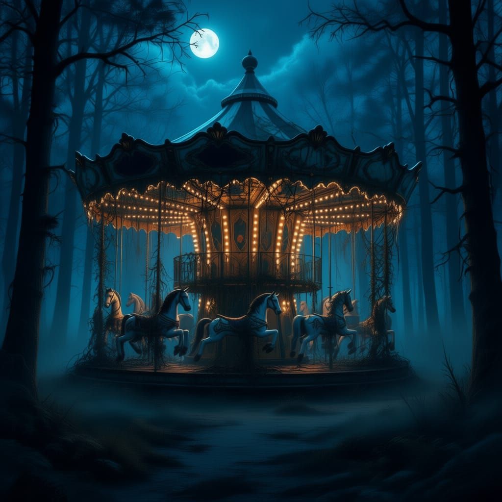Eerie Abandoned Carousel in Moonlit Forest