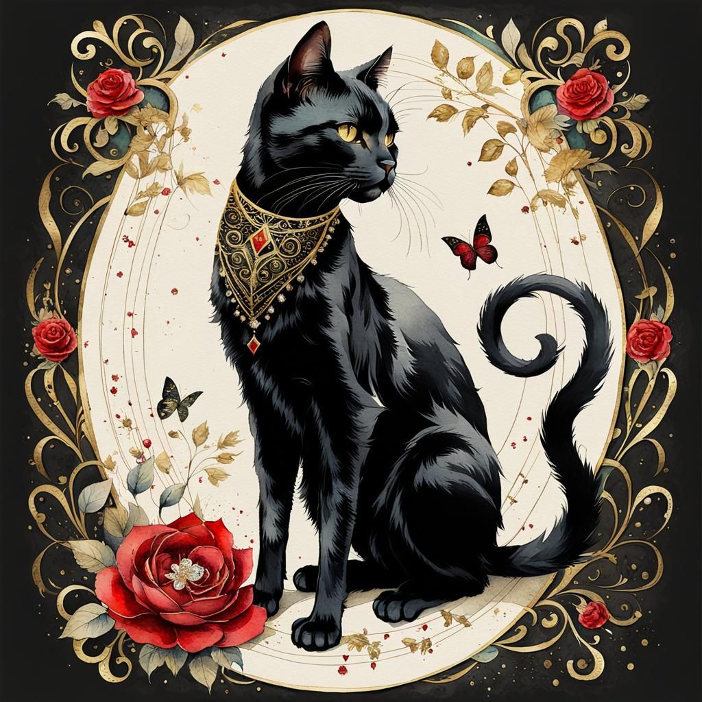 Elegant Black Cat with Diamond, Watercolor Style
